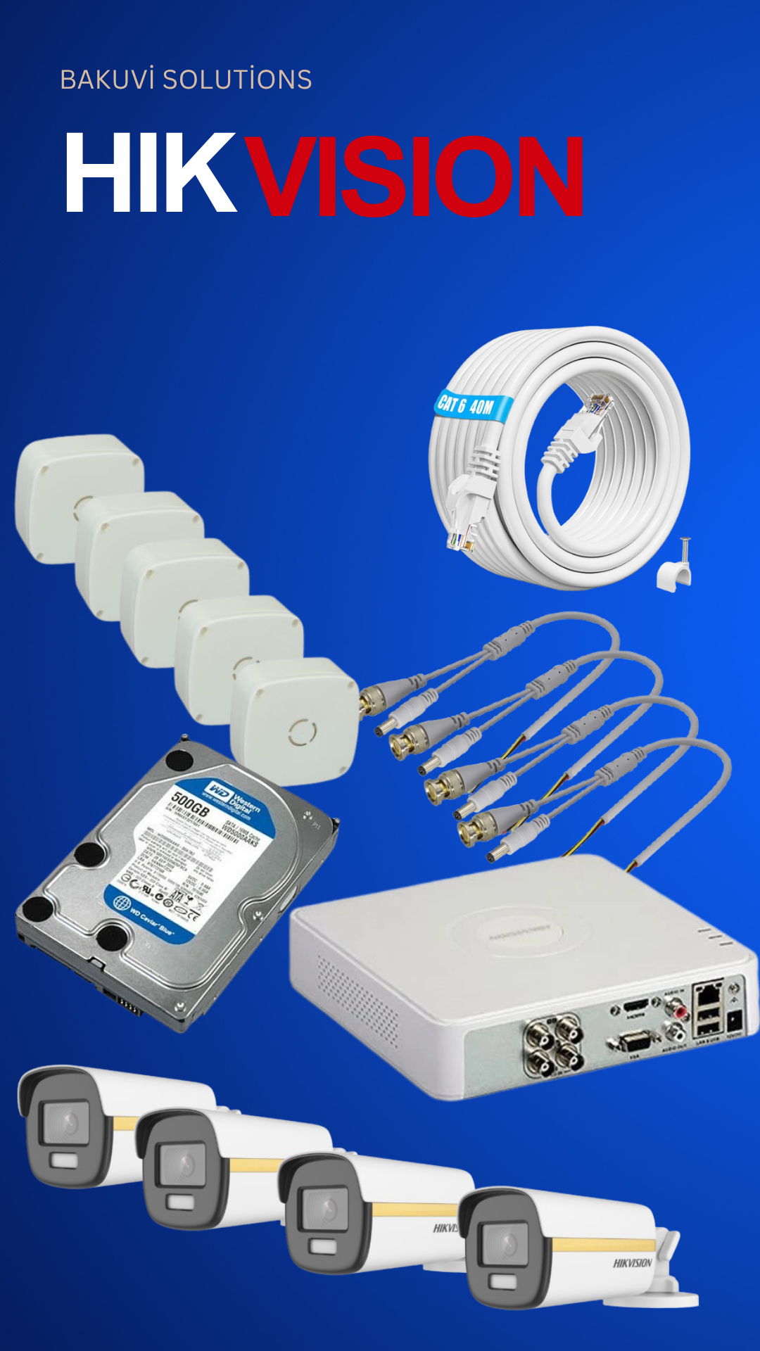 4 port HD DVR+4 colorvu hikvision camera+500GB HDD+BNC&DC cable+40 meter cat6 cable+4 camera box+Power Supply